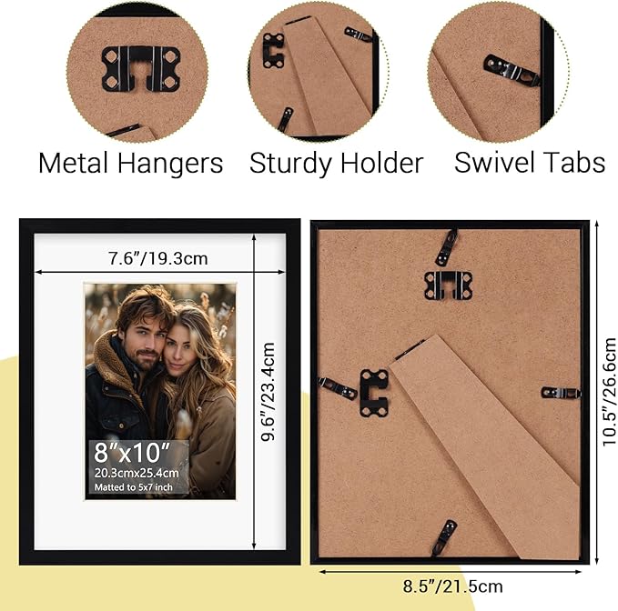 Rempry 8x10 Picture Frame, Display Pictures 5x7 with Mat or 8x10 Without Mat, Wall Hanging or Tabletop Photo Frame with Shatter Resistant Plexiglass, Black, 1 Pack