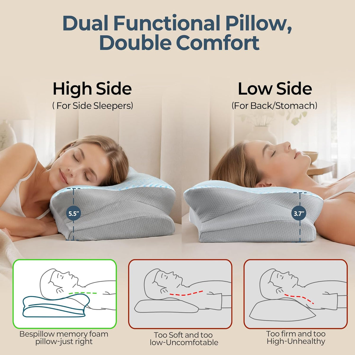 Cervical Neck Pillow for Pain Relief - Cooling Side Sleeper Pillow for Sleeping, Ergonomic Memory Foam Pillows for Neck Support, Contour Orthopedic Bed Pillow for Back Stomach Sleepers