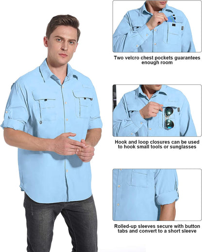 Pudolla XXL Mens Long Sleeve Fishing Shirts UPF 50+ UV Protection Sun Shirts Quick Drying Hiking Lightweight