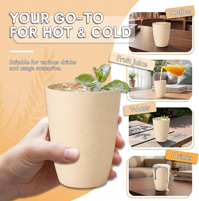 Wrova Wheat Straw Cups 6 PCS Good Alternative to Plastic Reusable Cups 12 oz Unbreakable Drinking Cup Reusable Dishwasher Safe Water Plastic Glasses Beige