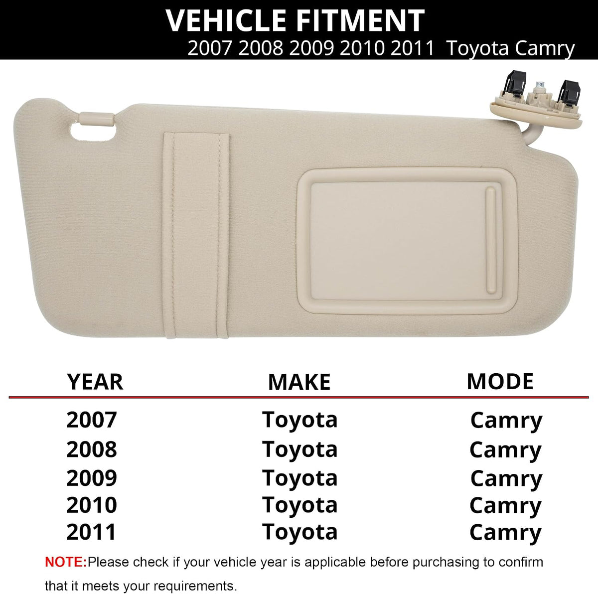 Sun Visor Fit for 2007-2011 Toyota Camry Right Passenger Side W/O Light Color: Beige,Replace# 74310-06750-E0