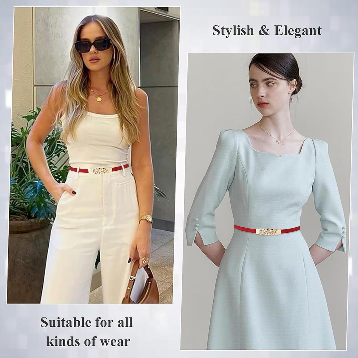 Glamorstar Women Skinny Belts for Dresses Thin PU Leather Waist Belt with Gold Buckle Fit Wait Size Up To 37"
