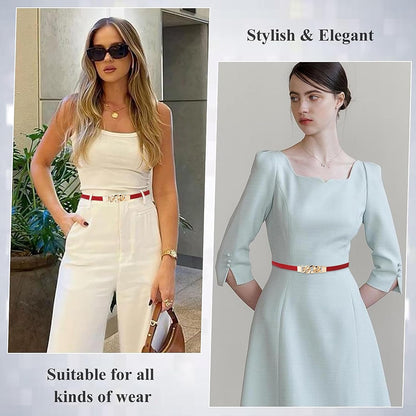 Glamorstar Women Skinny Belts for Dresses Thin PU Leather Waist Belt with Gold Buckle Fit Wait Size Up To 37"