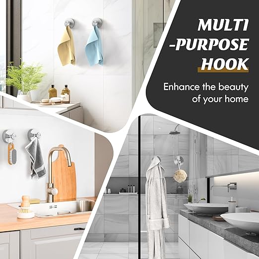 Suction Cup Hooks for Shower,2Pcs Shower Hooks for Inside Shower,No Drill Towel Hooks for Bathroom Wall,Kitchen,Glass,Mirror,Tile to Hang Towels,Robes,Loofah-Silver