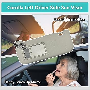 Left Driver Side Sun Visor Compatible with Toyota Corolla 2007 2008 2009 2010 2011 2012 2013, Replacement Front Left Sun Visor Assembly wMakeup Mirror 74320-12E00-B0