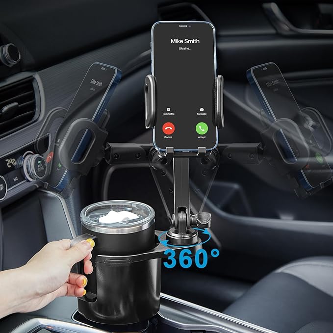 Cup Holder Phone Mount, 2 in 1 Cup Holder Expander for Car Long Arm with 360Rotation Cup Holder Cell Phone Holder for Car Compatible with All Smartphones