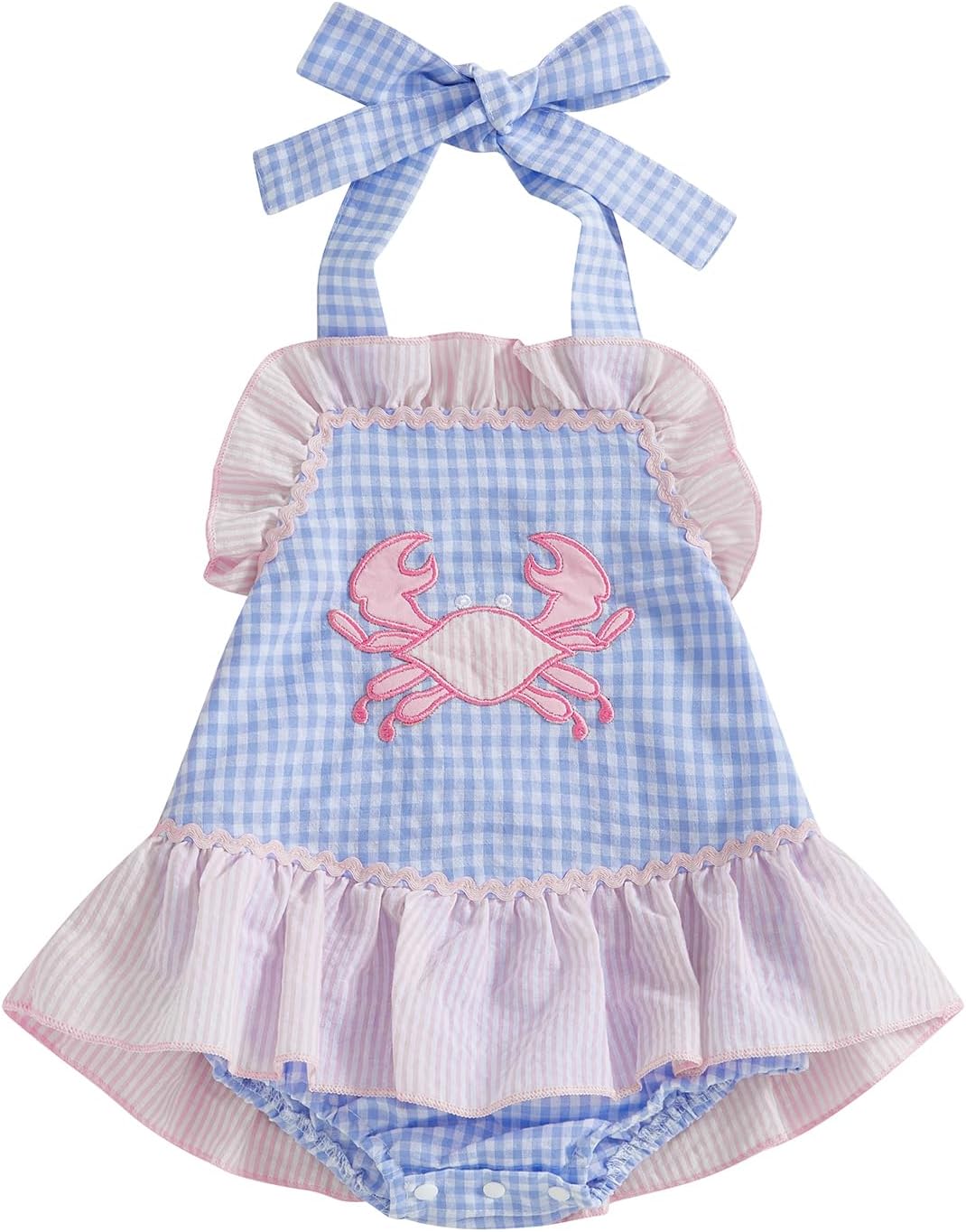 SHUING Baby Girl Crab Outfit Crawfish Embroidery Sleeveless Plaid Romper Dress Halter Ruffle Bodysuit Newborn Summer Clothes.