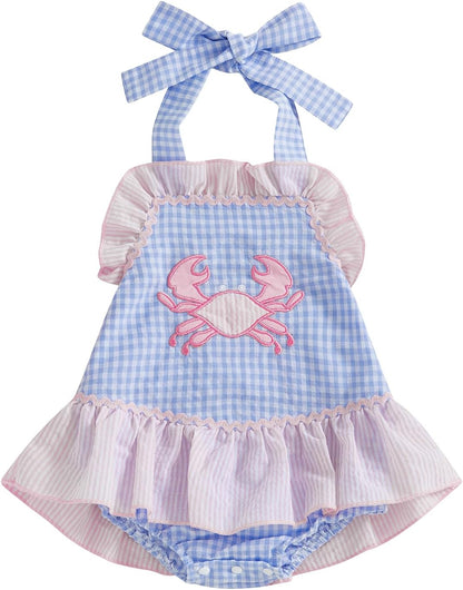 SHUING Baby Girl Crab Outfit Crawfish Embroidery Sleeveless Plaid Romper Dress Halter Ruffle Bodysuit Newborn Summer Clothes.