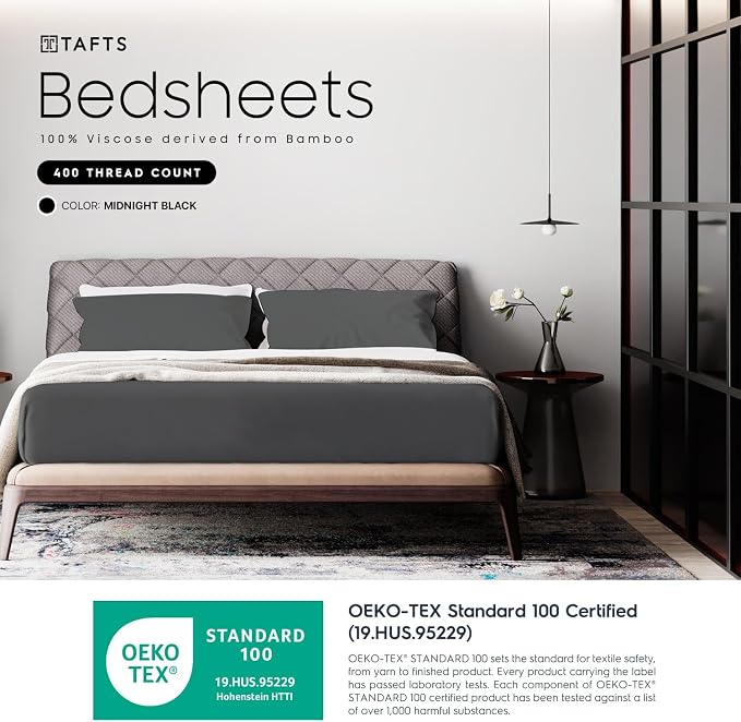 Tafts Full Sheets Set, Pure 100% Viscose derived from Bamboo Bed Sheets Set, Luxuriously Soft, Silky, Cooling Sheets, Double Stitched, Lifetime Quality Promise (Midnight Black)