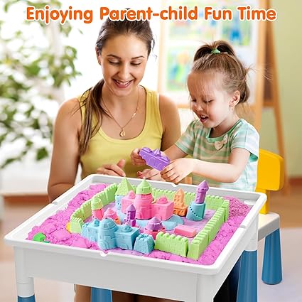arscniek 7 in 1 Kids Activity Table and Chair Set with 152Pcs Large Marble Run Building Blocks, SandWater Table, Toddler Learning Play Table Toys for Girls Boys Toddler Age 3-7