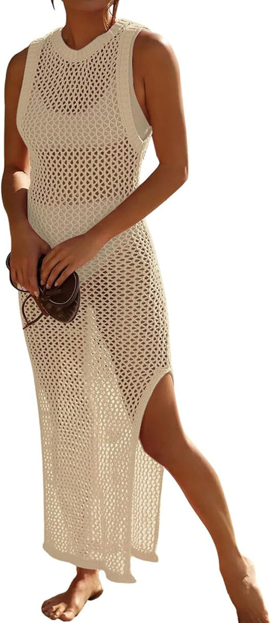 Bsubseach Crochet Swim Coverup Sleeveless Knitted Cover Up Dress