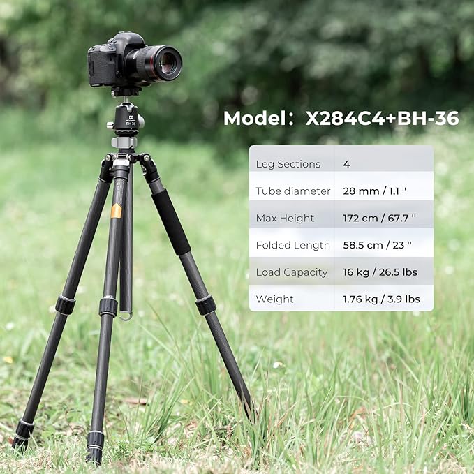 KF Concept X-Series 68 inch172cm Carbon Fiber Camera Tripod,Professional Photography Tripod with 36mm Metal Ball Head Load Capacity 16KG35.2lbs for Indoor Outdoor Use X284C4BH-36