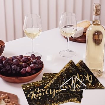 New Years Eve Napkins-40pcs Happy New Year Decoration 2025 Set happy new year napkins Black and Gold Paper Napkins for 2025 New Year Party Supplies