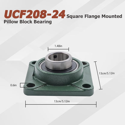 2Pcs UCF208-24 Pillow Block Bearings 1-1/2 Inch Bore Square Flange Mounted Pillow Block Bearing 4 Bolt, Self Alignment