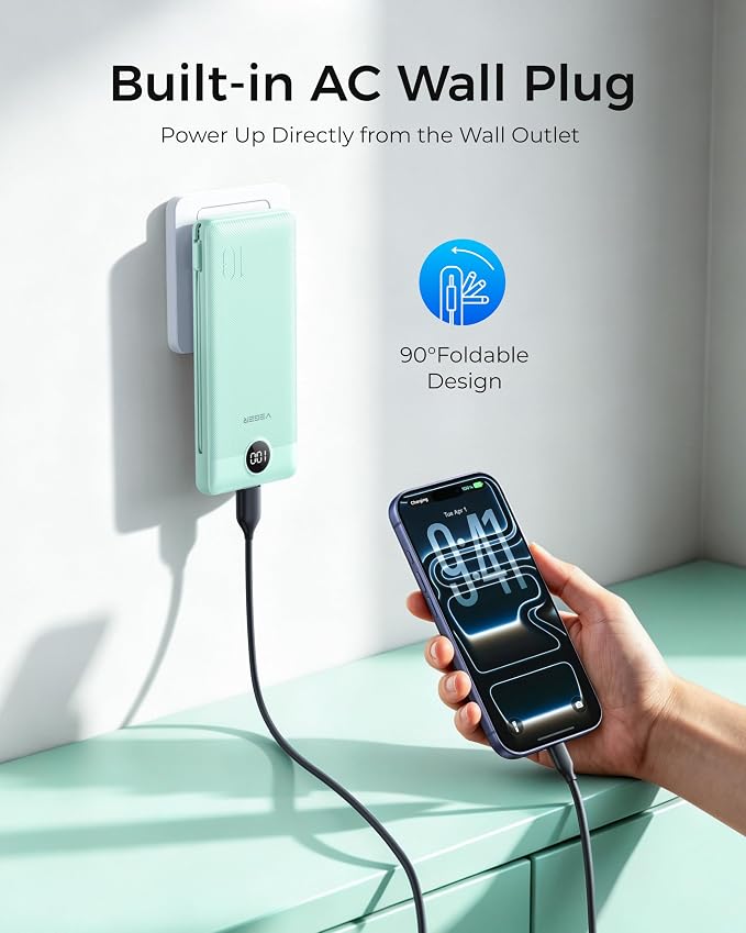 VEGER Portable Charger for iPhone, Power Bank Built in Cables and Wall Plug 10000mAh,Ultra Slim&Compact,5 Outputs,LED Display,Power Bank for iPhone,Samsung,Travel Essentials for Camping Cruise Business