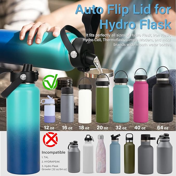 Auto Flip Lid for Hydro Flask Wide Mouth, Great Spout Lid for Simple Modern, Fits for Iron Flask and Other Brands, Replacement Lid with Button Lock