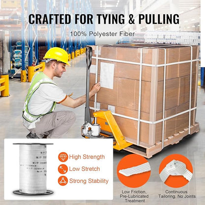 VEVOR Polyester Pull Tape, 5/8" x 108' Mule Tape Flat Rope, 2200 lbf Tensile Capacity, Printed Webbing Cable Pulling Tape for Packaging, Gardening, Commercial Electrical, Conduit Work, White