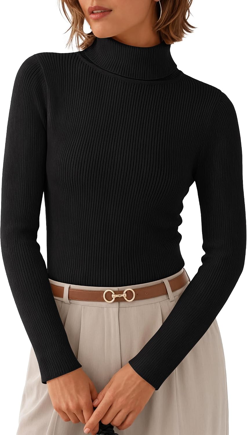 ZESICA Women's Turtleneck Long Sleeve Shirts 2026 Spring Trendy Tops Slim Fitted Ribbed Knit Basic Casual Sweater