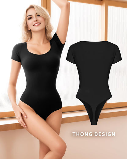 MANGOPOP Shapewear Bodysuits for Women Tummy Control Scoop Neck Short Sleeve Seamless Thong Compression body shaper Tops.