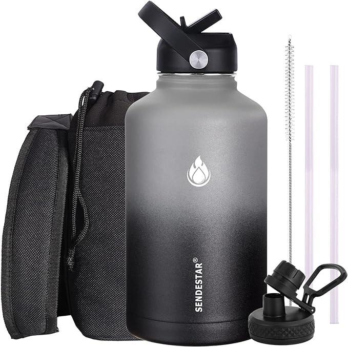 SENDESTAR Water Bottle 64oz Double Wall Vacuum Insulated Leak Proof Stainless Steel Sports Water BottleWide Mouth with New Flex Straw Lid  Spout Lid (GrayBlack)