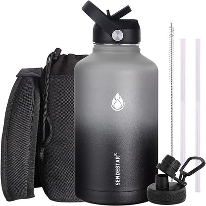 SENDESTAR Water Bottle 64oz Double Wall Vacuum Insulated Leak Proof Stainless Steel Sports Water BottleWide Mouth with New Flex Straw Lid  Spout Lid (GrayBlack)