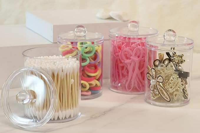 1 Pack Acrylic Qtip Holder Dispenser,Bathroom Canisters Apothecary Jar Set, Vanity Makeup Storage Organizer Set, 12 oz