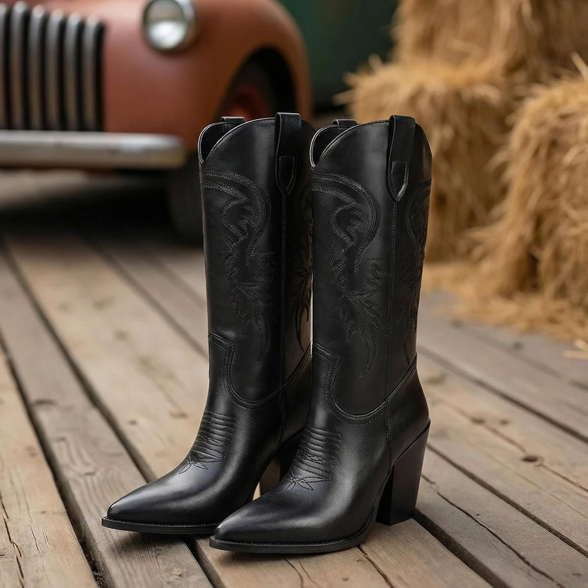 ISNOM Cowboy Boots Cowgir Boots for Women, Pointed Toe Chunky Heel Western Boots
