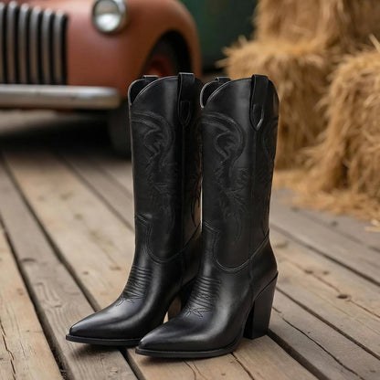 ISNOM Cowboy Boots Cowgir Boots for Women, Pointed Toe Chunky Heel Western Boots