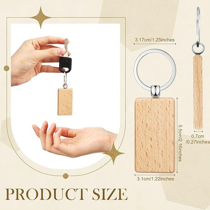 Yinkin 100 Pcs Wooden Keychain Blanks Bulk Laser Engraving Key Chain Unfinished Wooden Key Ring Tag for DIY Gift Crafts (Rectangle