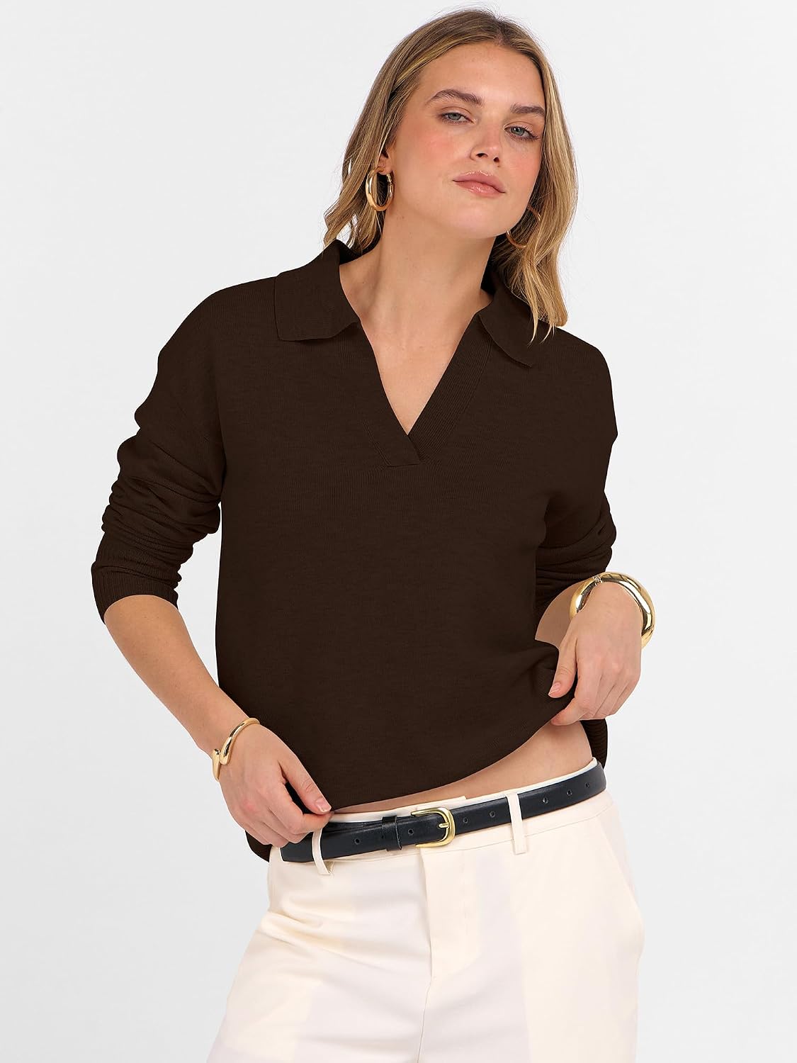 ANRABESS Womens Polo V Neck Long Sleeve Sweaters Lightweight Dressy Casual Business Basic Knit Pullover Top 2025 Fall Outfits