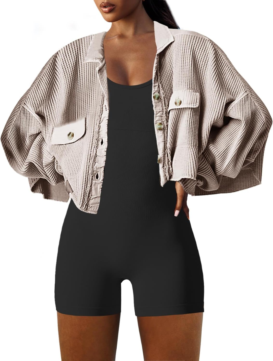 Women's Cropped Waffle Knit Shacket Short Button Down Jacket Batwing Sleeve Shirts with Pocket