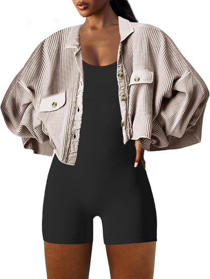 Women's Cropped Waffle Knit Shacket Short Button Down Jacket Batwing Sleeve Shirts with Pocket