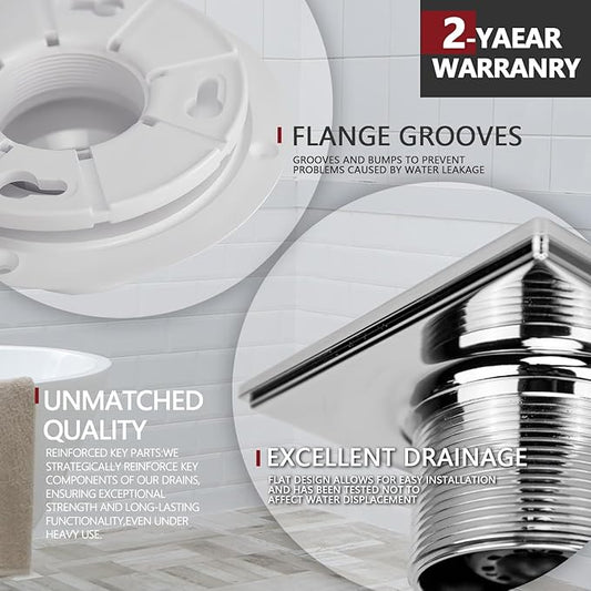 Chrome 4 Inch Square Shower Drain with PVC Flange for 2 or 3 Inch Pipe - Low Profile 304 SS Shower Floor Drain Kit with Hair CarcherCUPC - Strainer for Bathroom,Laundry Room