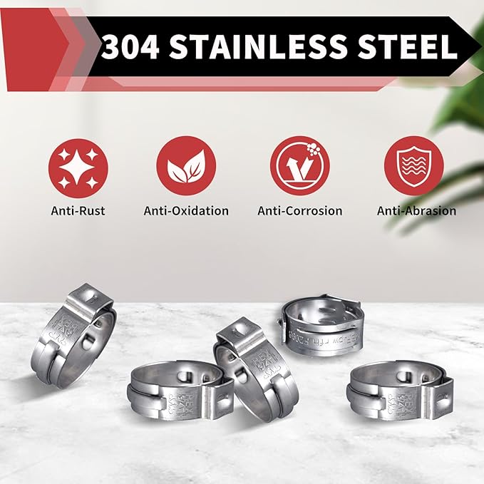 EFIELD - 34 Inch PEX Stainless Steel Clamp Rings (200 Pack) for Metal PEX Pipe Connection