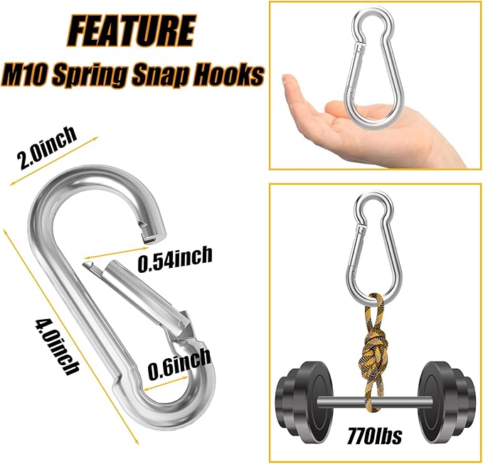 30PCS 4" Heavy Duty Spring Snap Hook, M10 38" Galvanized Steel Carabiner Clip Qiuck Link Spring Snap Hook, 770LBS Holding Capacity Keychain Buckle for Swing Hammock Gym Outdoor