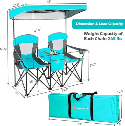 Goplus Double Beach Chair with Canopy Shade, Folding Lawn Camping Chairs with Sunshade  Mini Table Beverage Holder  Carrying Bag for Outdoor Travel Hiking Fishing Poolside