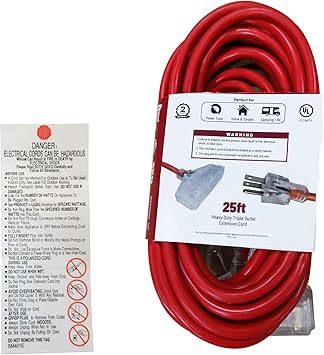 Royal Designs Heavy Duty Extension Cord with Indicator Light for Indoor  Outdoor, 25 ft Long, Red, 3 Outlet Prong Grounded Wire UL Listed