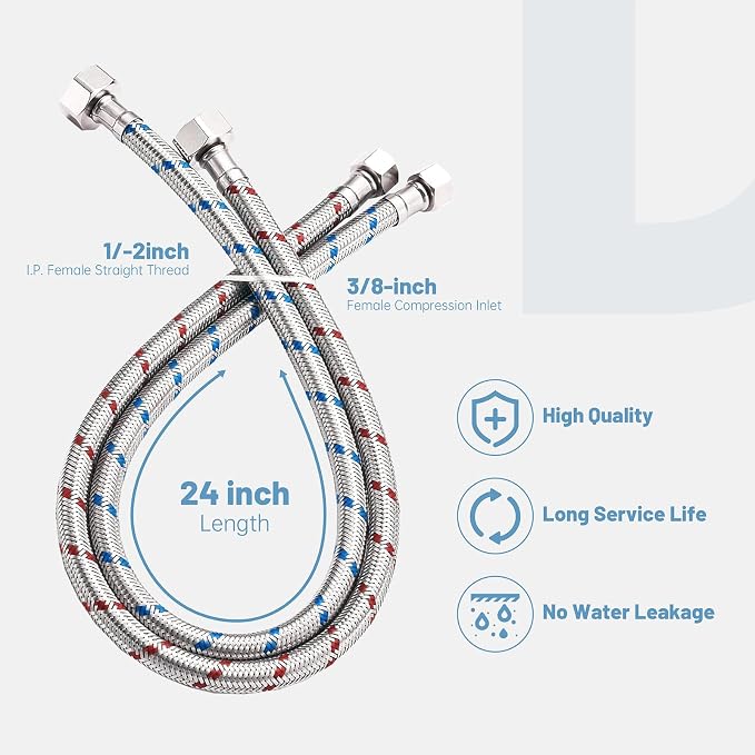 BWE 24" Length Faucet Connector, Braided Stainless Steel - 3/4" Female Compression Thread x 1/2" I.P. Female Straight Thread, x 2 Pcs (1 Pair)
