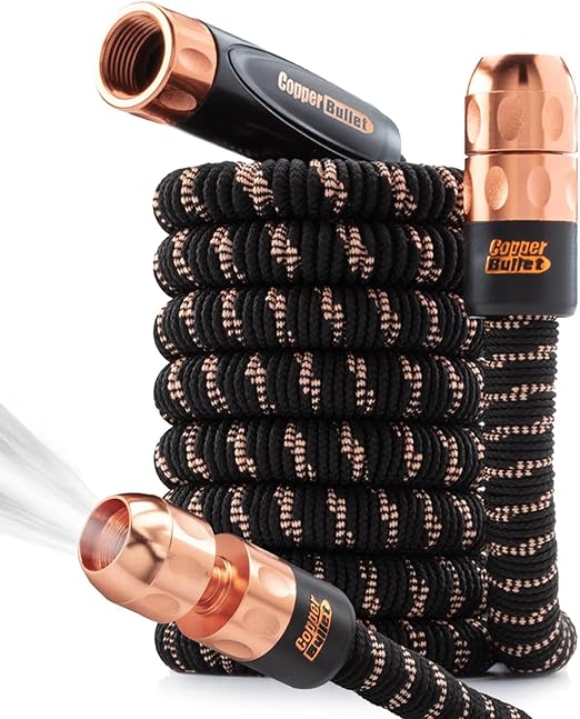 Pocket Hose Copper Bullet AS-SEEN-ON-TV Expands to 25 ft REMOVABLE Turbo Shot Multi-Pattern Nozzle 650psi 3/4 in Solid Copper Anodized Aluminum Fittings Lead-Free Lightweight No-Kink Garden Hose