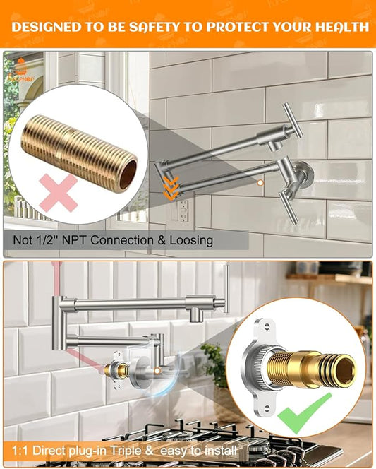 Pot Filler, Pot Filler Faucet Wall Mount, Metal Folding Stretchable with Double Joint Swing Arm Single Hole Two Handles Kitchen Restaurant (Brushed Nickel)