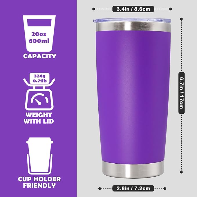 20oz Tumbler Stainless Steel Tumbler Cup with Lid Vacuum Insulated Double Wall Travel Mug, Durable Powder Coated Travel Coffee Tumbler Mug for Hot & Cold Drinks, Purple,1 Pack (Cosmetic Scratches)