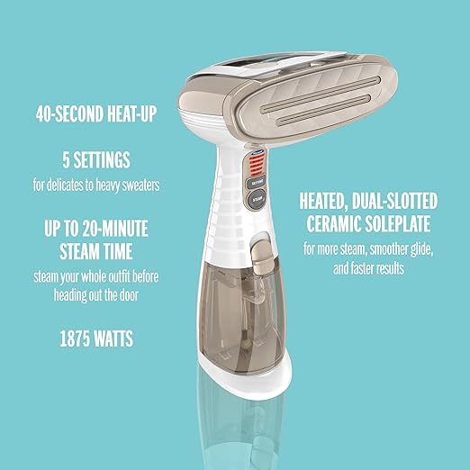 Conair Handheld Garment Steamer for Clothes, Turbo ExtremeSteam 1875W, Portable Handheld Design, Strong Penetrating Steam, White / Champagne