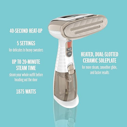 Conair Handheld Garment Steamer for Clothes, Turbo ExtremeSteam 1875W, Portable Handheld Design, Strong Penetrating Steam, White / Champagne