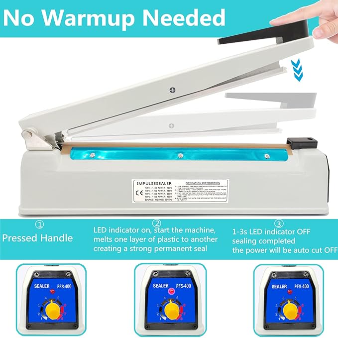 Impulse Sealer 16 Inch Heat Sealer Mylar Bag Sealer Machine, Manual Poly Plastic Bag Sealer Heat Seal with 4 Replacement Elements Parts(2 Cutting Lines Included)