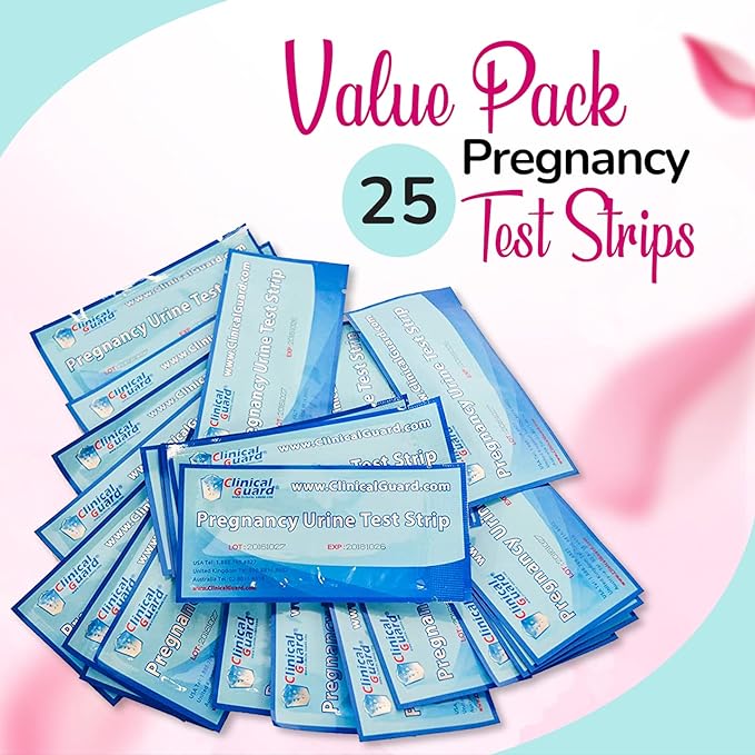 Clinical Guard 25 Pregnancy Tests Early Detection Strips - FSA HSA Eligible - Sensitive & Accurate Measurement Within 5 mins -Pregnancy Test Strips for Women - HCG Test Strip Kit- Pruebas De Embarazo