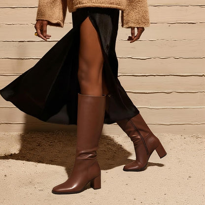 Lumeheel Women Knee High Boots Round Toe Chunky Heel Boots Gogo Boots with Side Zip Fashion Tall Boots for Women