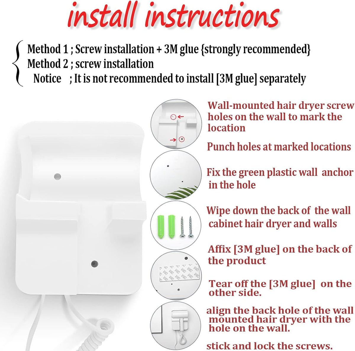 Hotel Wall Mounted Hair Dryer for Bathroom,Restroom Professional Blow Dryer,with Stand Rack,Specialised Motor for Salon,Fast Drying - Gifts?Massage Comb, Screws+ Adhesive? 110V
