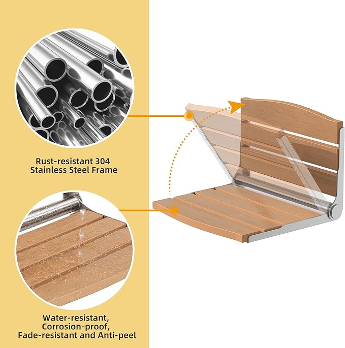 DWVO Folding Shower Seat Wall Mounted, Fold Down Shower Bench, Home Care Folding Shower Chair for Seniors,Disables,Pregnants Teak