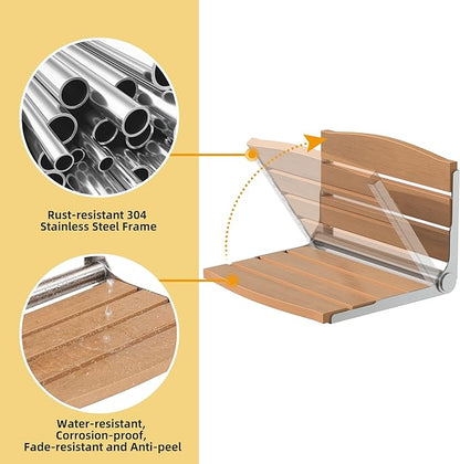 DWVO Folding Shower Seat Wall Mounted, Fold Down Shower Bench, Home Care Folding Shower Chair for Seniors,Disables,Pregnants Teak