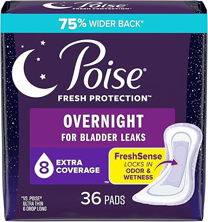 Poise Incontinence Pads  Postpartum Overnight Incontinence Pads, 8 Drop Extra Coverage, 36 Count